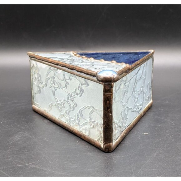 Vtg Leaded Glass Triangle Trinket Jewelry Box Clear Blue Hinged Lid Mirror 5.5" - Picture 2 of 8